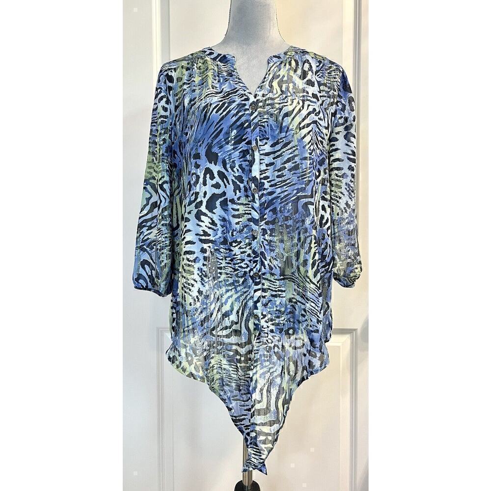 Roz & Ali Animal Print Blouse Top Front Knot Button Up Blue Size L New